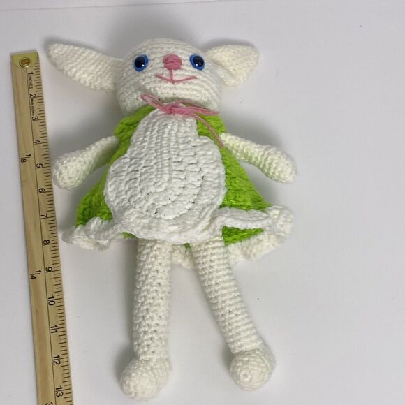 Handmade White Bunny Green Dress Button Eyes Pink Nose Mouth Bow - Picture 11 of 12